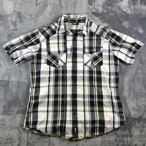 Y2K No Fear Plaid‎ Skater Shirt Button Up Black White Green Men's M Grunge